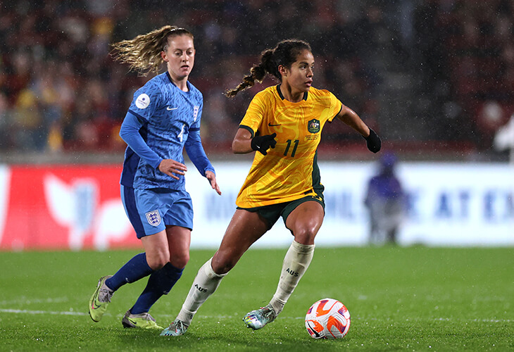 Mary Fowler playing football for the Matildas